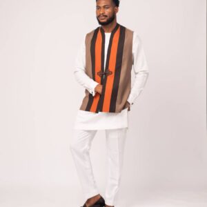 Ojekide White Tunic with Striped Brown Vest